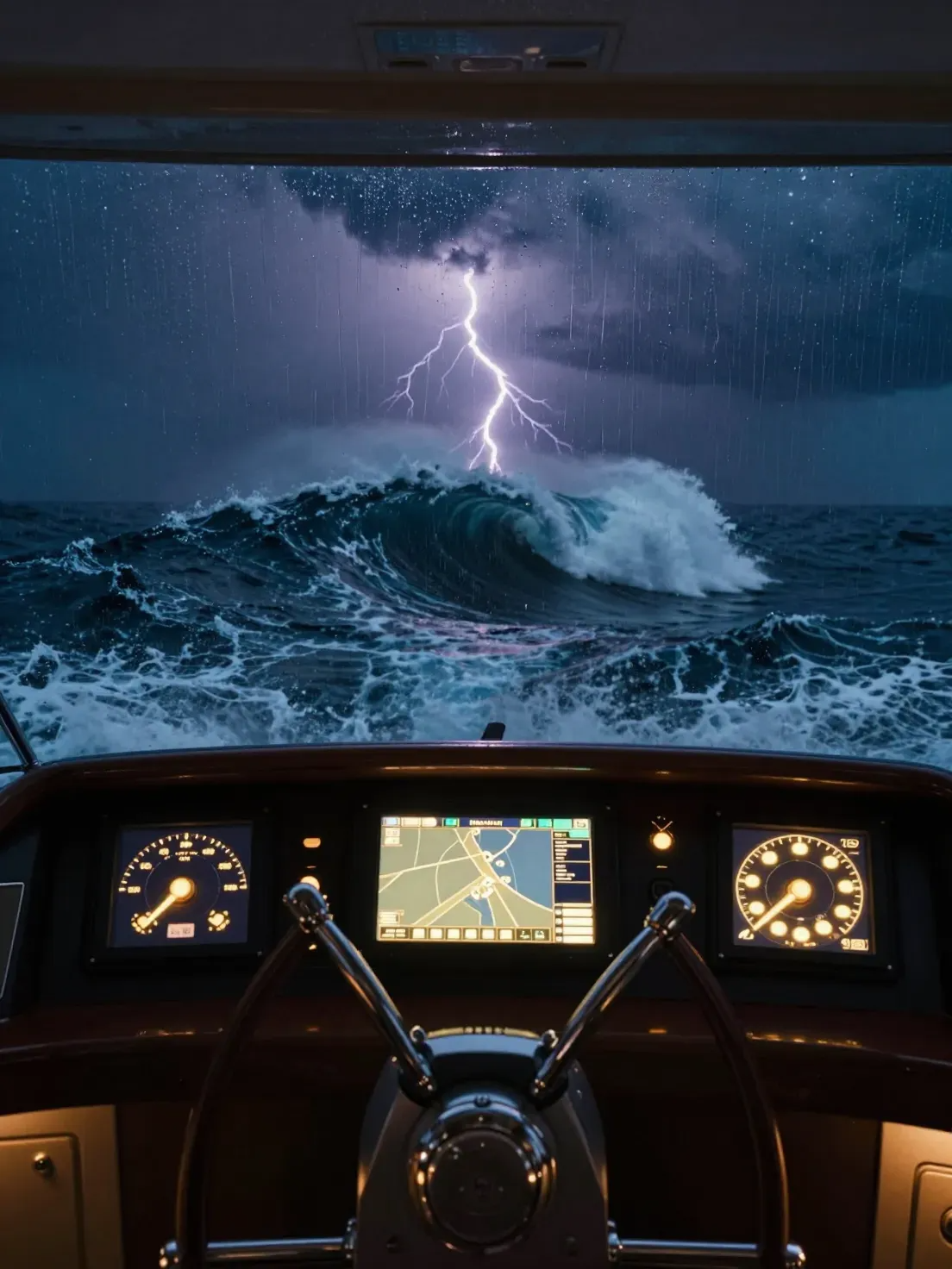 Vista do comandante ao leme de um barco, com uma onda gigante e um raio à frente