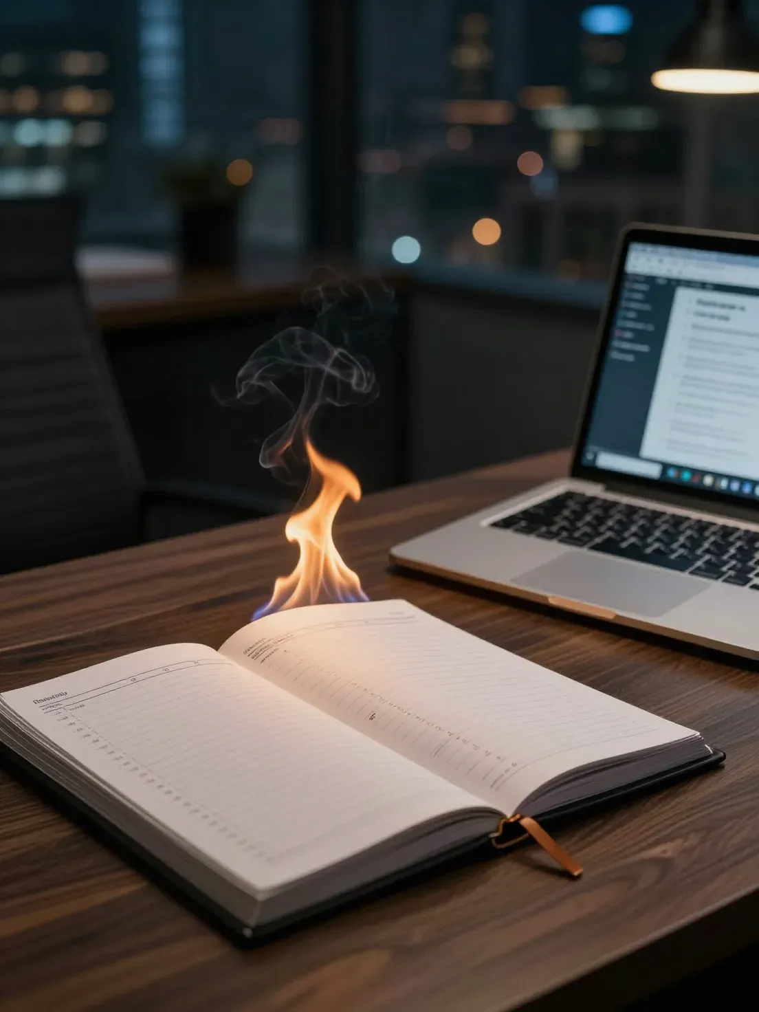 Agenda aberta pegando fogo sobre a mesa de um escritório à noite